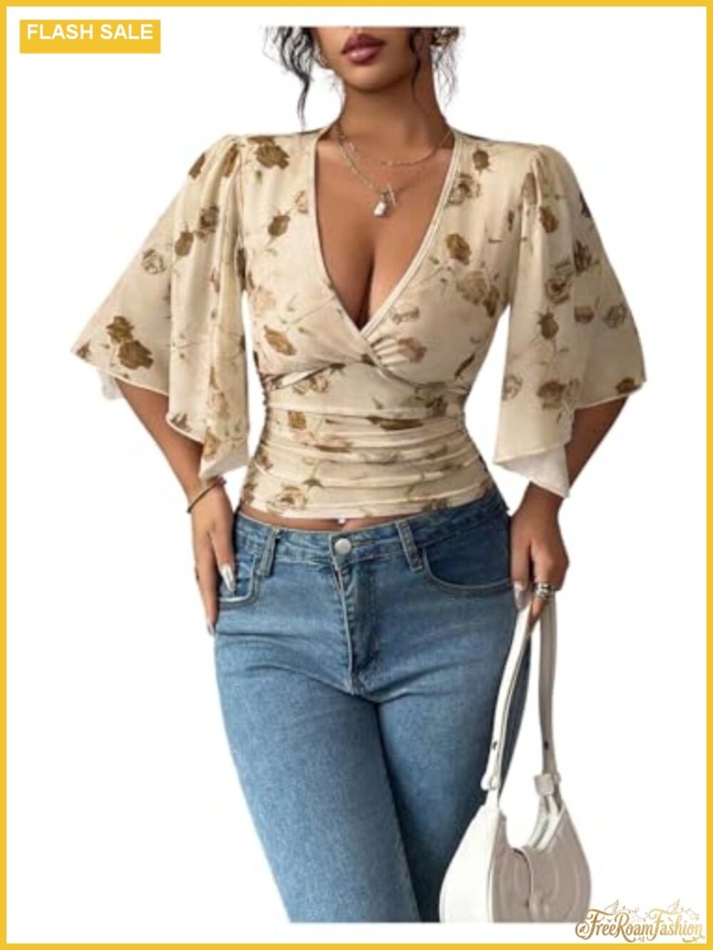 Women's Floral Boho Crop Top Flutter Sleeve V-Neck Blouse